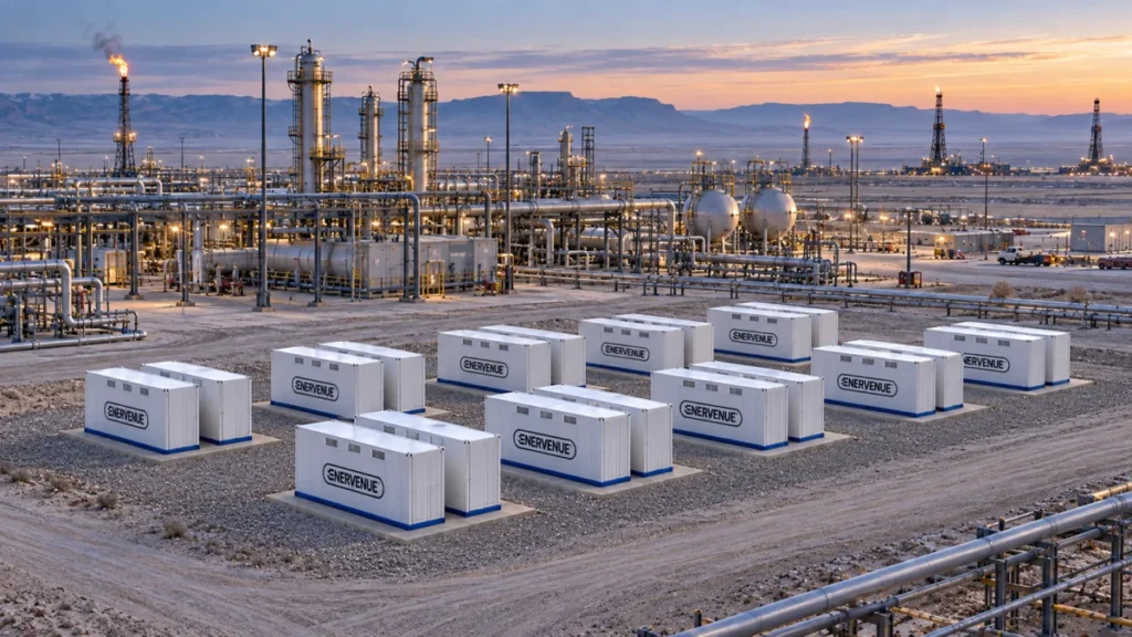 Illustration of EnerVenue Energy Prism battery units at an oil and gas site