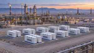 Illustration of EnerVenue Energy Prism battery units at an oil and gas site