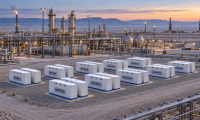 Illustration of EnerVenue Energy Prism battery units at an oil and gas site