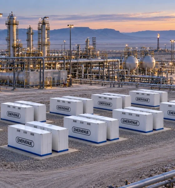 Illustration of EnerVenue Energy Prism battery units at an oil and gas site