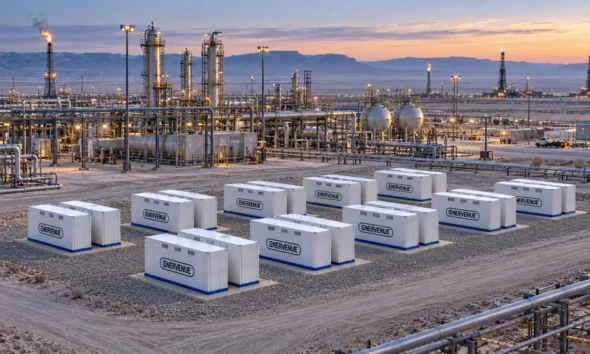 Illustration of EnerVenue Energy Prism battery units at an oil and gas site