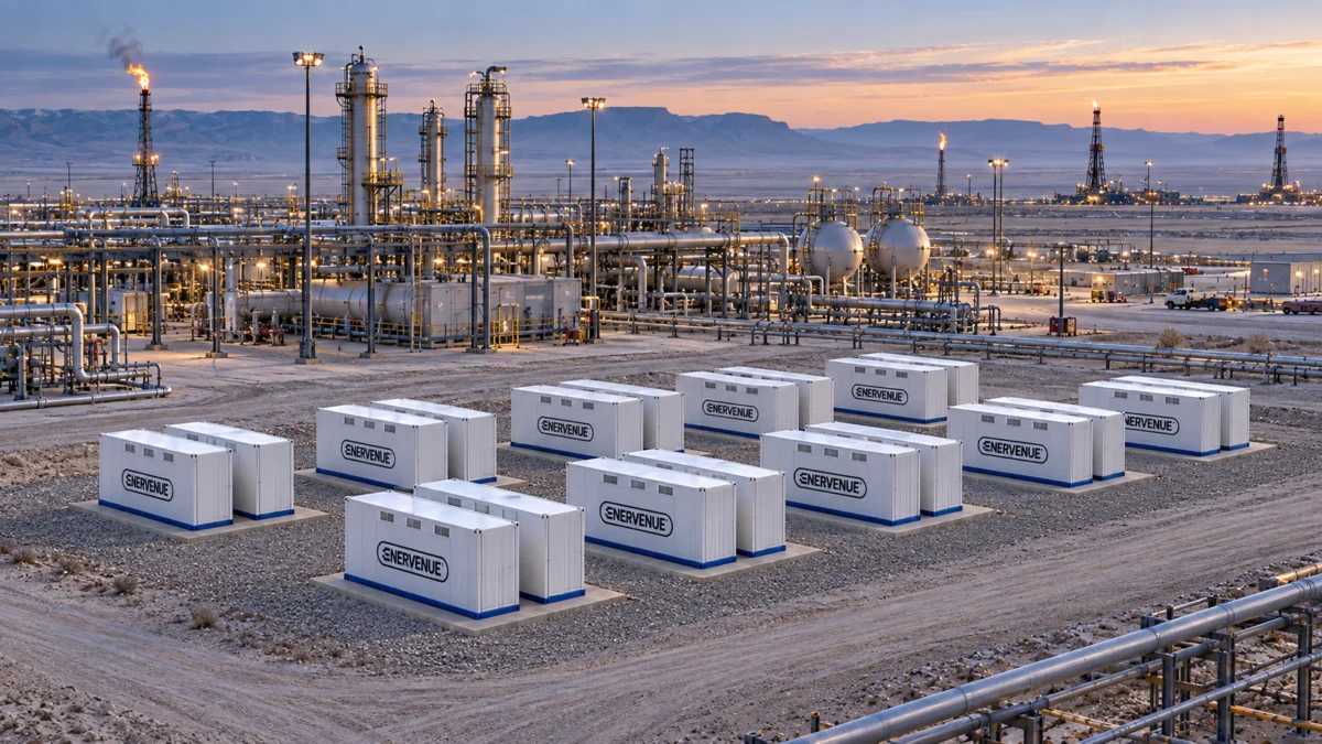Illustration of EnerVenue Energy Prism battery units at an oil and gas site