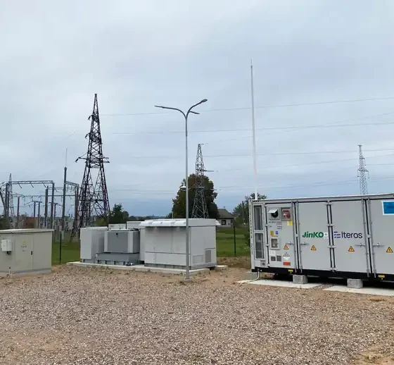 Containerised 2 MW battery energy storage system next to a substation in Druskininkai, Lithuania