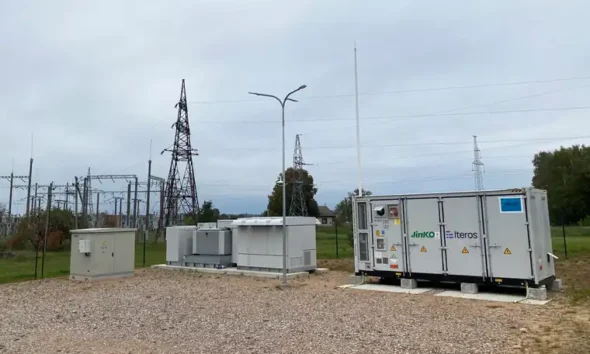 Containerised 2 MW battery energy storage system next to a substation in Druskininkai, Lithuania