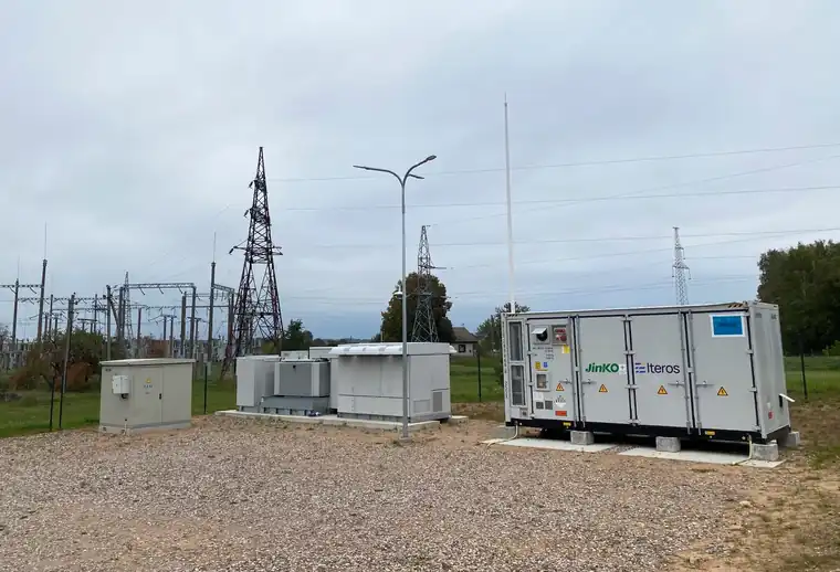 Containerised 2 MW battery energy storage system next to a substation in Druskininkai, Lithuania